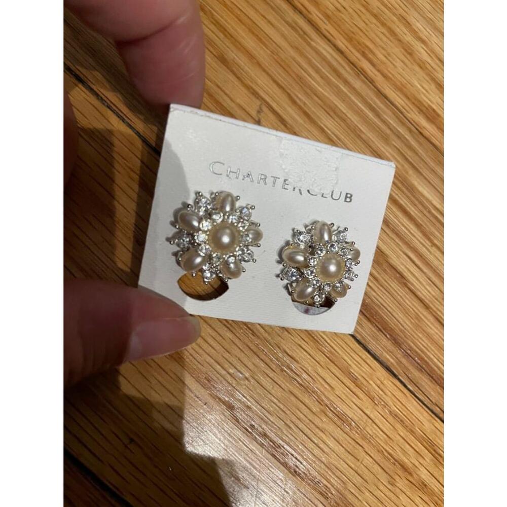 Charter Club gold Tone Faux Pearl & Rhinestone Cluster Earrings Butterfly
